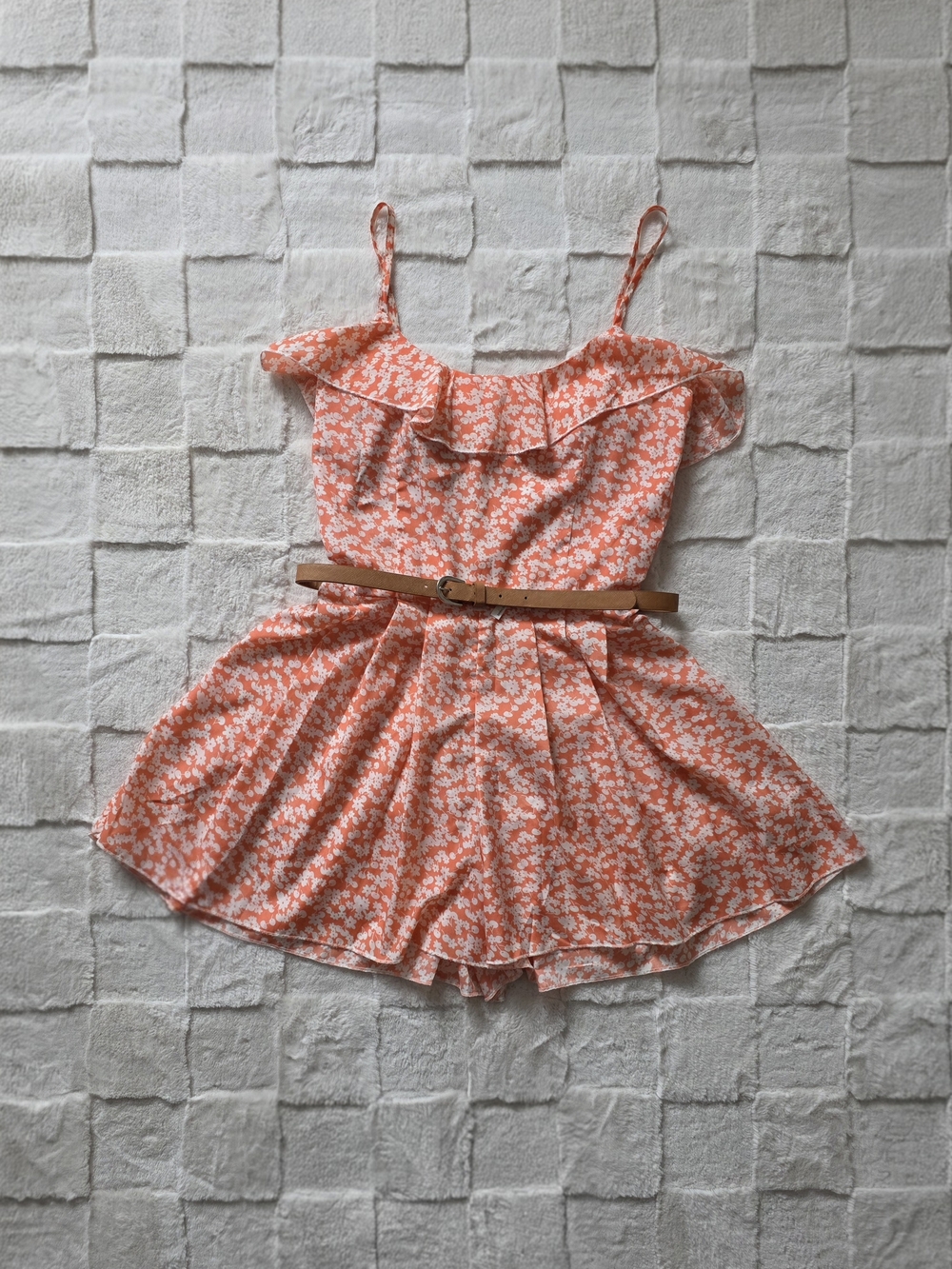 Parisian Collection Floral Ruffle Romper in Coral Pink With Belt